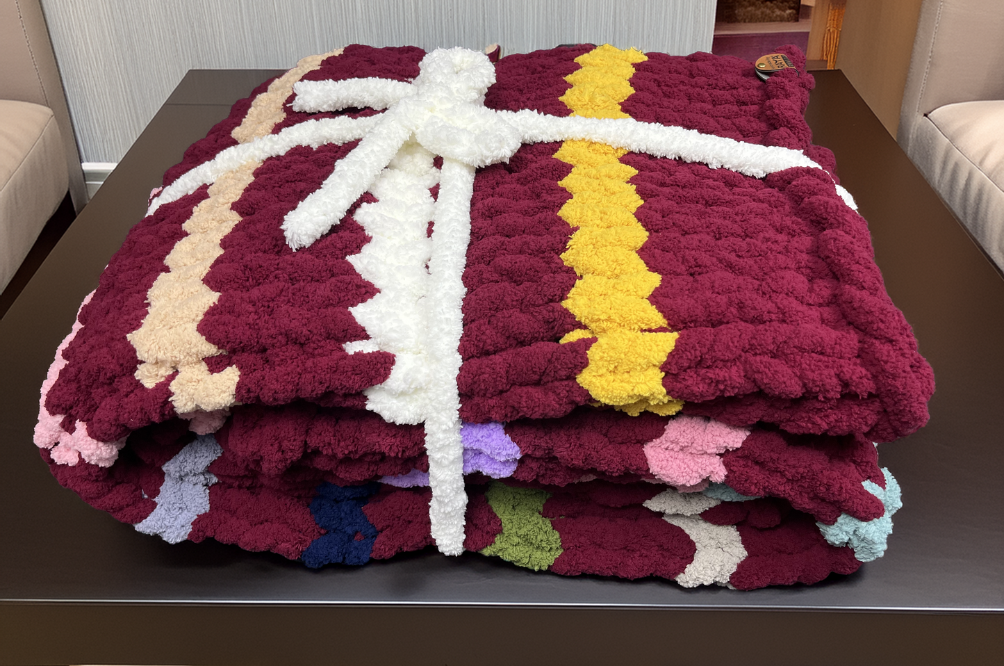 Handmade chunky chenille yarn blanket - Burgundy with multicolor stripes