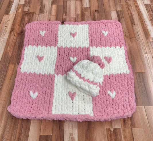 Handmade blanket made with love of 100% soft and cozy polyester chunky chenille yarn, a gift for a cute baby girl.